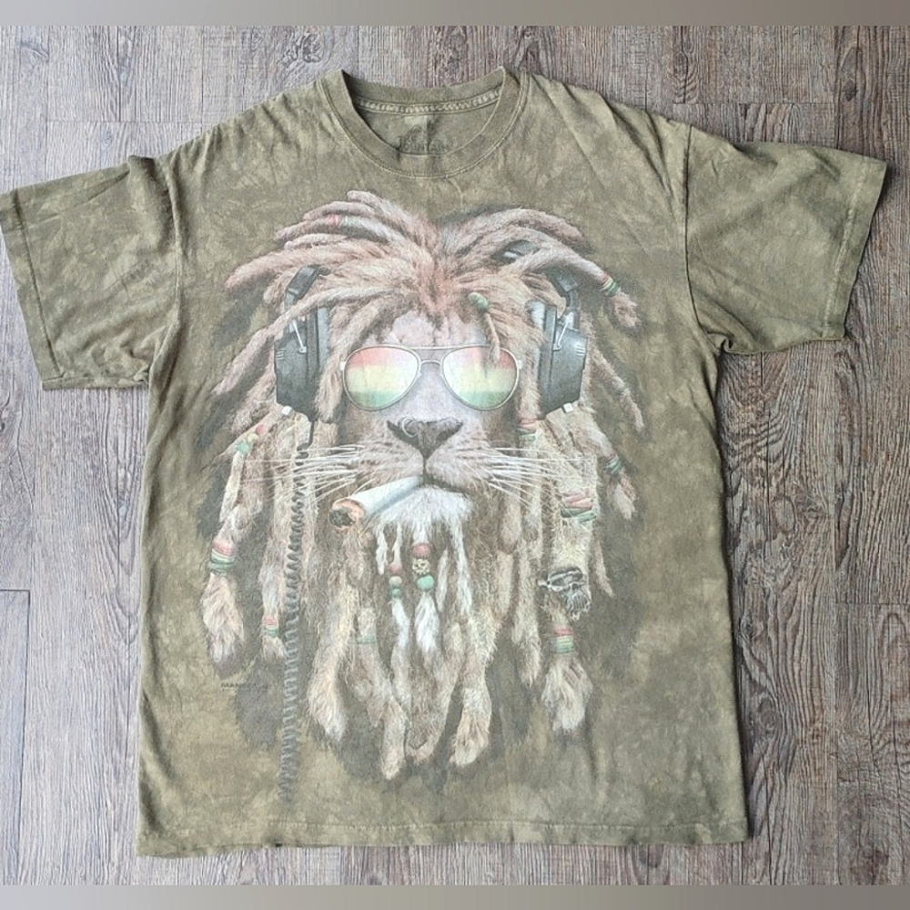 The Mountain Rasta Lion T-Shirt Size Large Green Tie Dye DJ Jahman 100% Cotton
